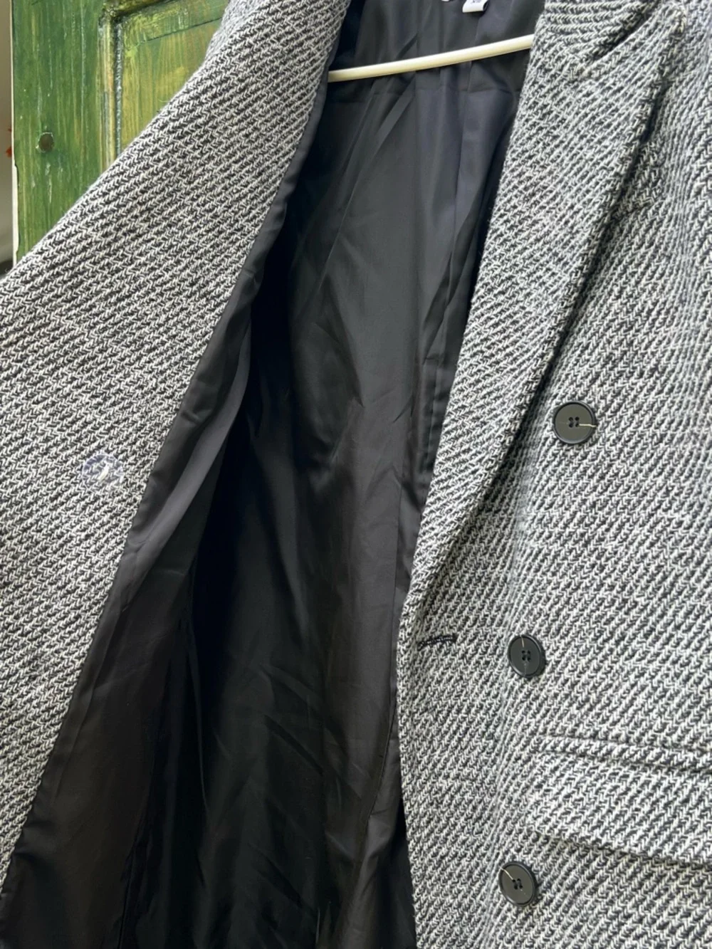 Pink Diamond Oversized Double-Breasted Herringbone Pea Coat - Black & White - Picture 6 of 6
